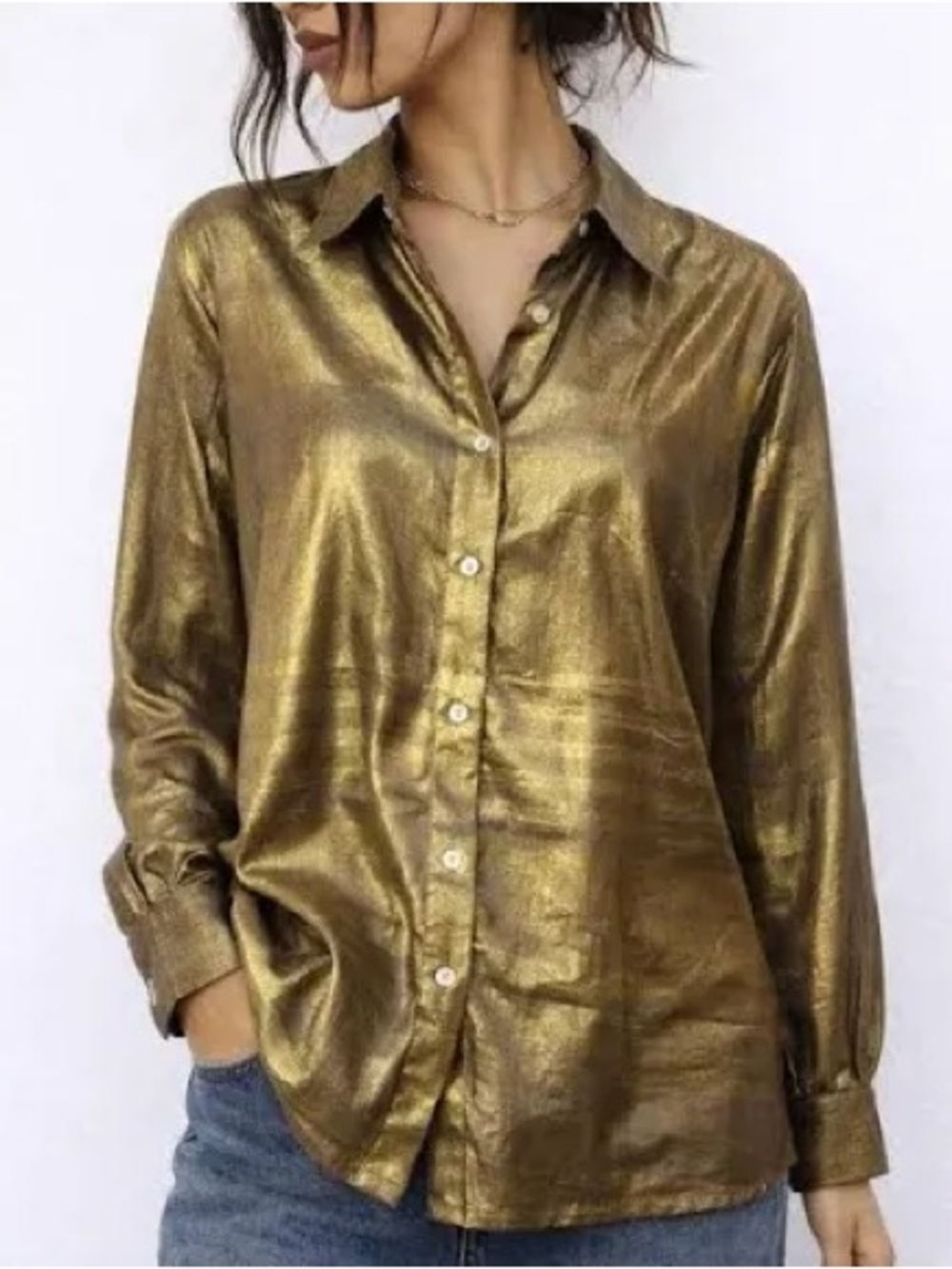 Gold Foil Metallic Button Up Blouse. Medium
